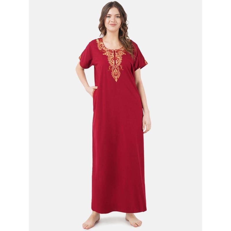 KOI SLEEPWEAR Maroon Embroidered A-Line Night Dress (L)