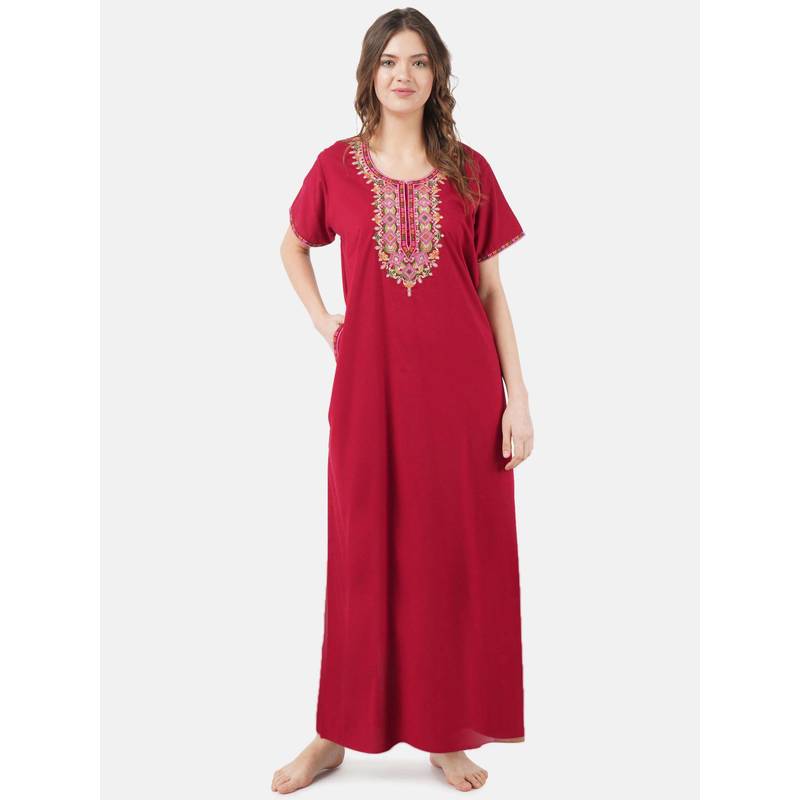 KOI SLEEPWEAR Maroon Embroidered A-Line Night Dress (L)