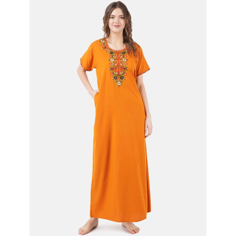 KOI SLEEPWEAR Mustard Embroidered A-Line Night Dress (XL)