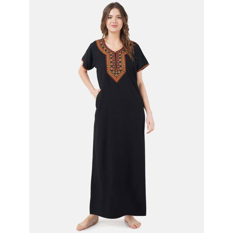 KOI SLEEPWEAR Black Embroidered A-Line Night Dress (L)