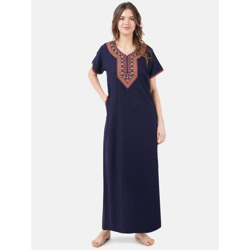 KOI SLEEPWEAR Navy Blue Embroidered A-Line Night Dress (L)