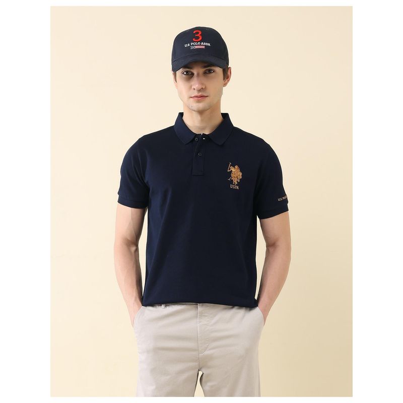 U.S. POLO ASSN. Mens Navy Blue Solid Pure Cotton Gold Cup Polo T-Shirt (S)