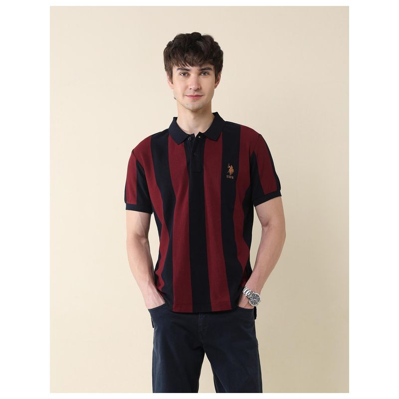 U.S. POLO ASSN. Mens Red Vertical Stripes Pure Cotton Gold Cup Polo T-Shirt (L)