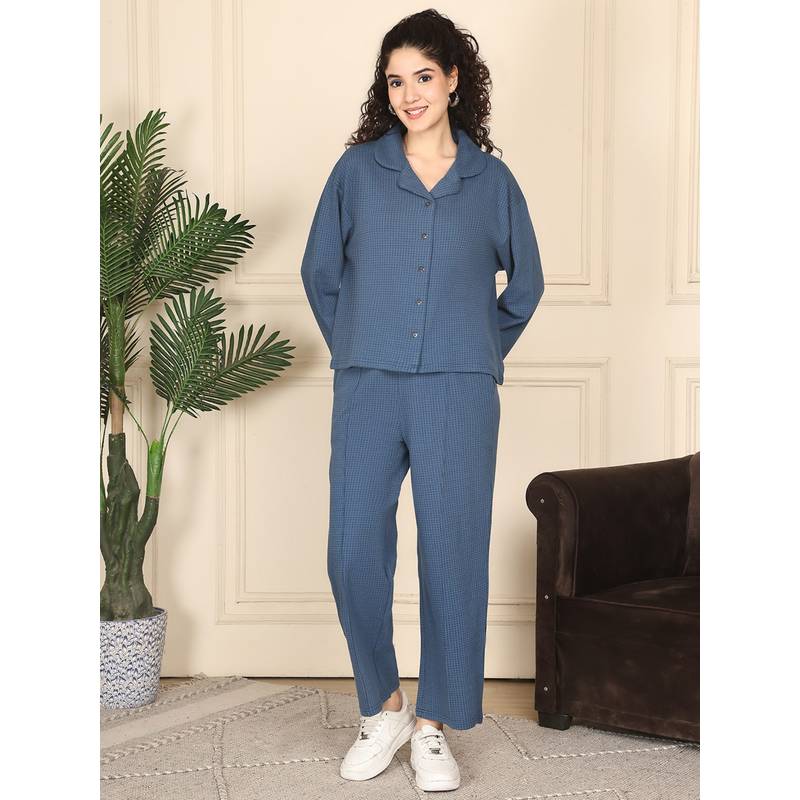 Kanvin Womens Winter Wear Blue Shirt with Pyjama (S)