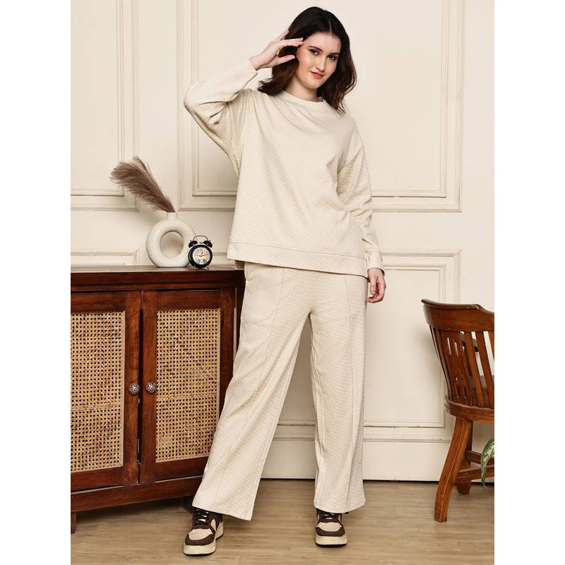 Kanvin Womens Winter Wear Off White Top with Pyjama (M)