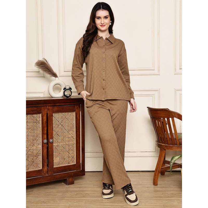 Kanvin Womens Winter Wear Brown Shirt with Pyjama (S)