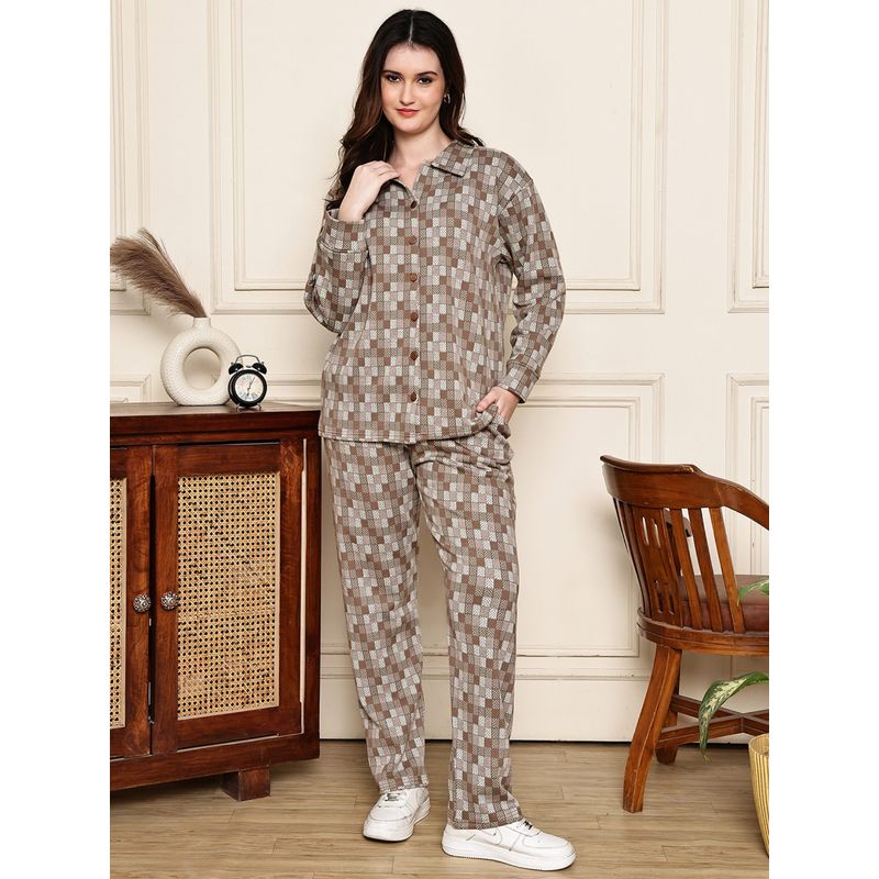 Kanvin Womens Winter Wear Brown Shirt with Pyjama (2XL)