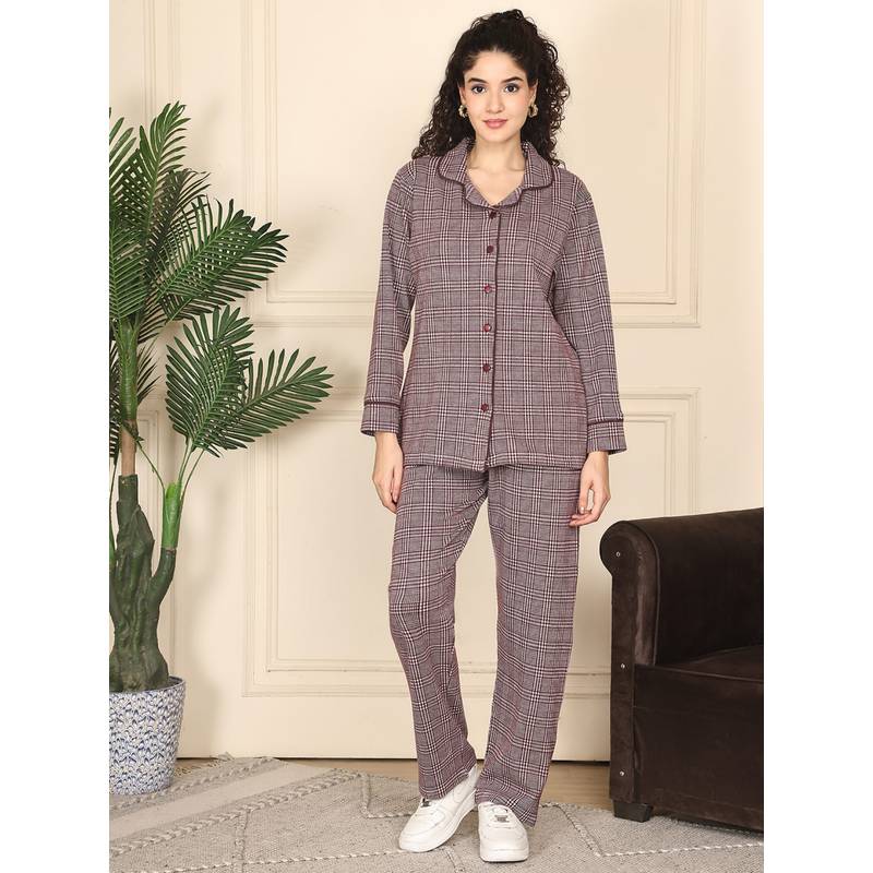 Kanvin Womens Winter Wear Maroon Shirt with Pyjama (S)