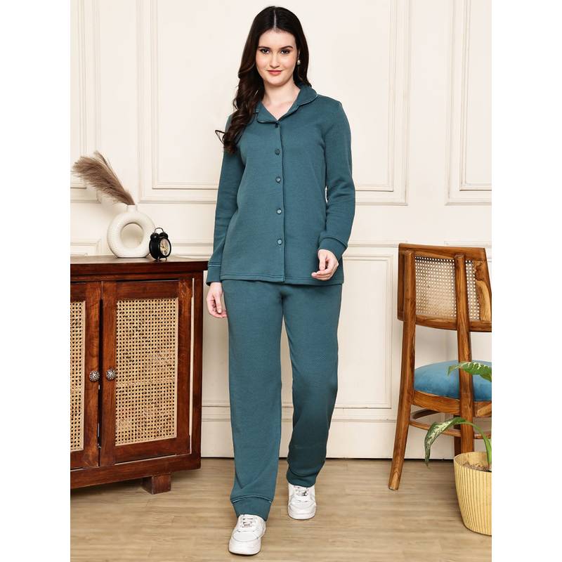 Kanvin Womens Winter Wear Teal Shirt with Pyjama (L)