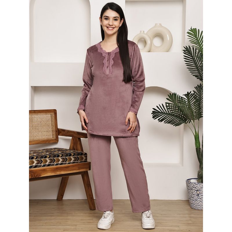 Kanvin Womens Winter Wear Mauve Top with Pyjama (M)