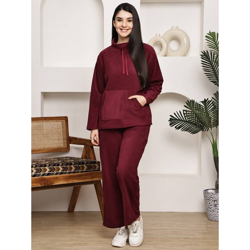 Kanvin Womens Winter Wear Maroon Hooded with Pyjama (S)