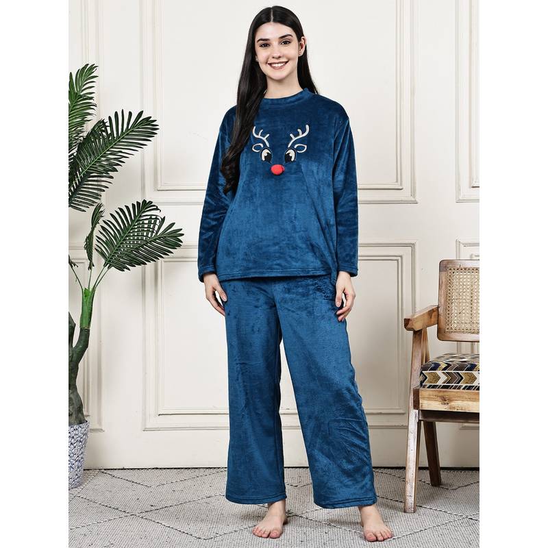 Kanvin Womens Winter Wear Blue Top with Pyjama (M)