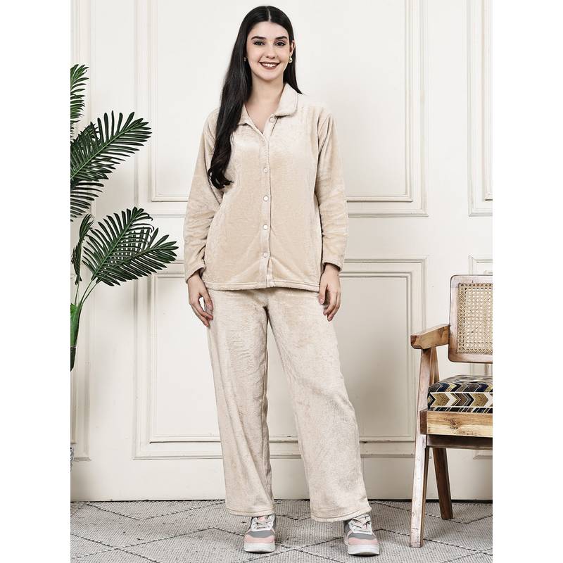 Kanvin Womens Winter Wear Off White Shirt with Pyjama (S)