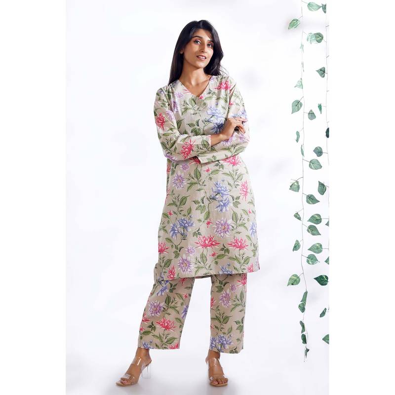 BREATH:ABLES Cream Floral Print Cotton Long Kurta with Pant (XL)
