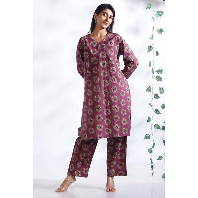 BREATH:ABLES Wine Indian Motif Butta Print Cotton Loungewear Kurta with Pant (M)