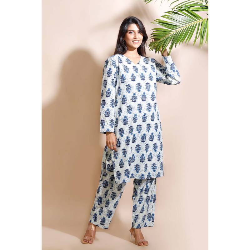 BREATH:ABLES Cream Butta Print Cotton Long Kurta with Pant (M)