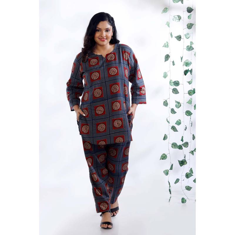 BREATH:ABLES Blue Cotton Geometric Print Loungewear Kurta with Pant (M)