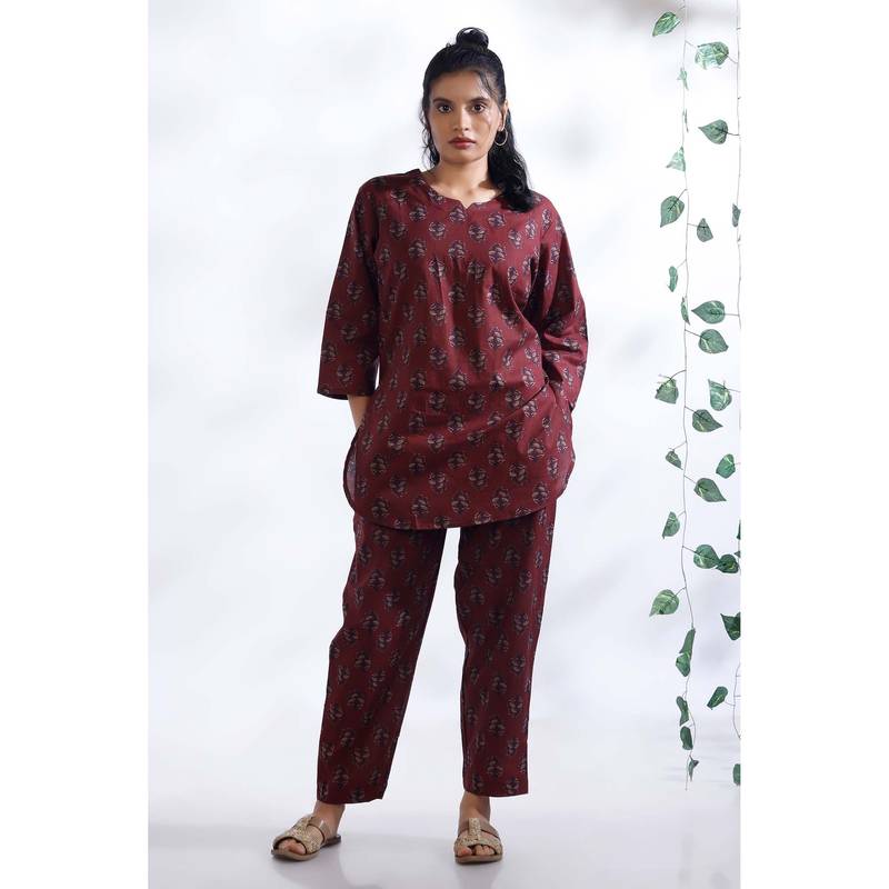 BREATH:ABLES Women’s Wine Cotton Indian Motif Butta Loungewear Kurta with Pant (M)