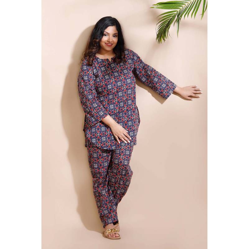 BREATH:ABLES Blue Cotton Geometric Print Loungewear Kurta with Pant (M)