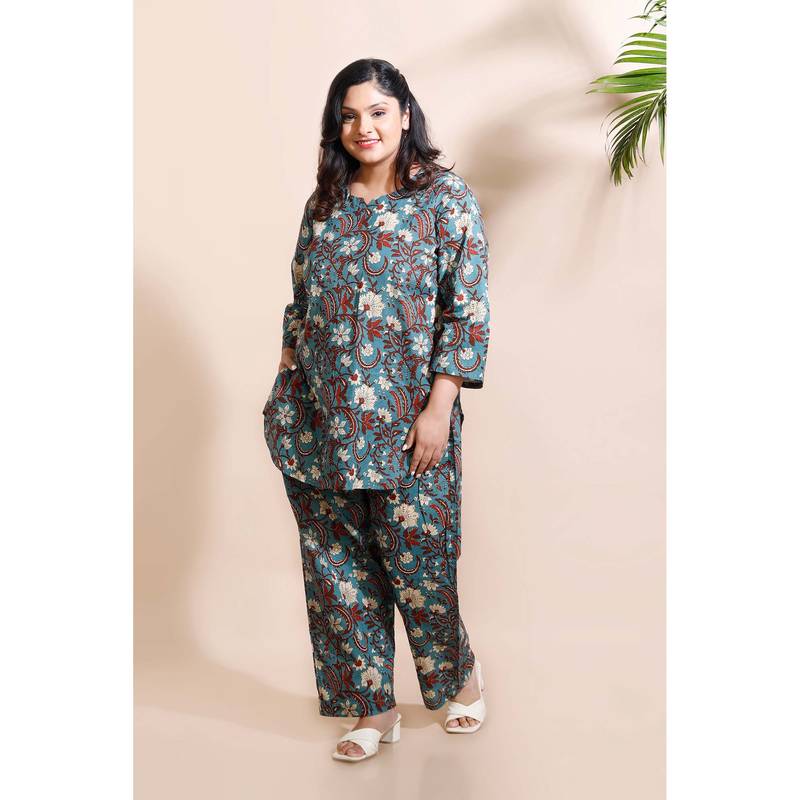 BREATH:ABLES Blue Kalamkari Floral Cotton Kurta with Pant (M)