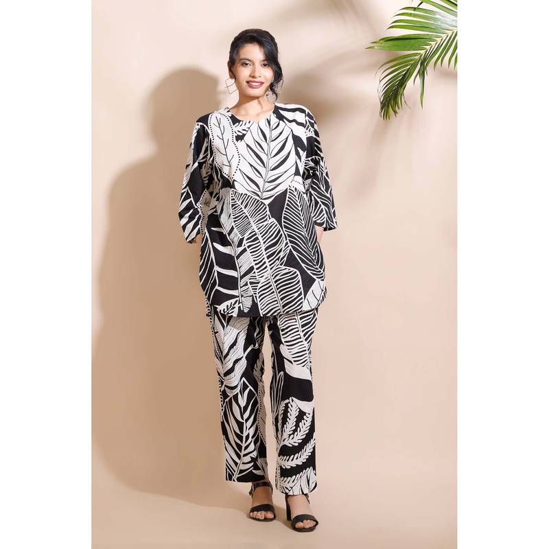 BREATH:ABLES Black Cotton Nature Print Loungewear Kurta with Pant (M)