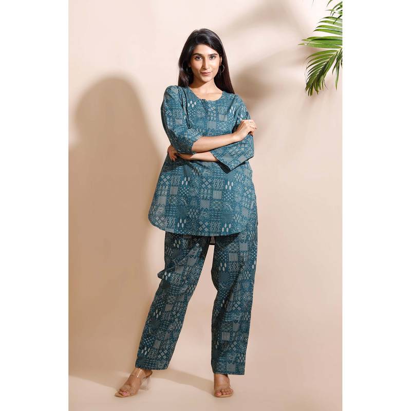 BREATH:ABLES Green Abstract Print Cotton Kurta with Pant (XL)