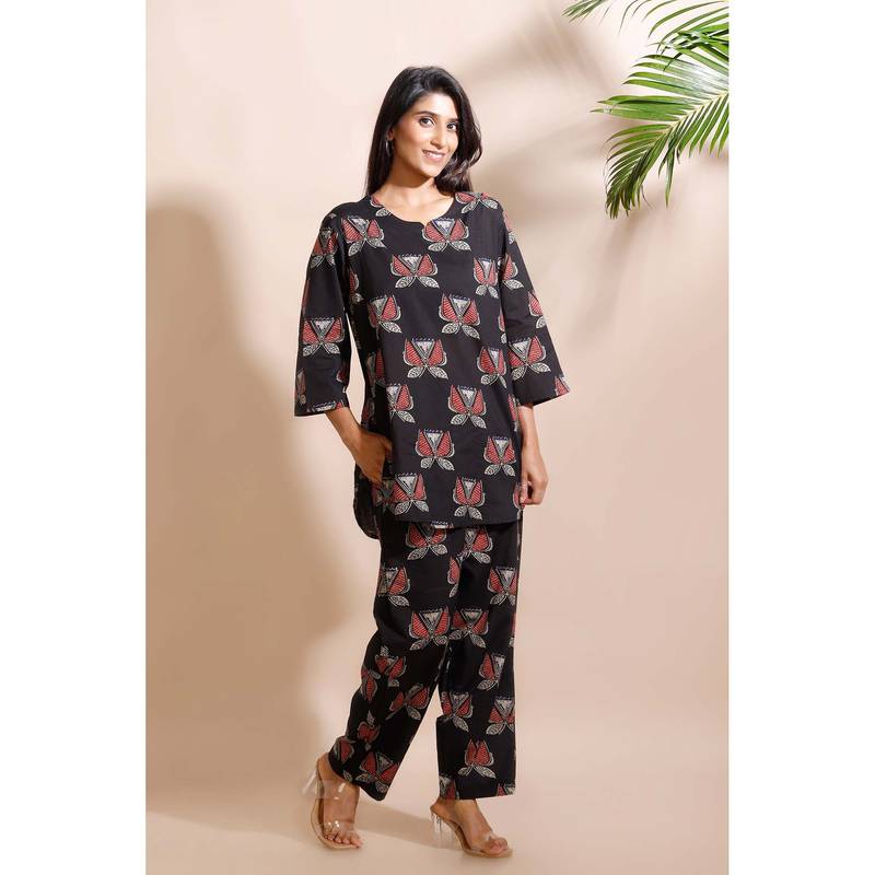 BREATH:ABLES Black With Butta Cotton Loungewear Kurta with Pant (XL)
