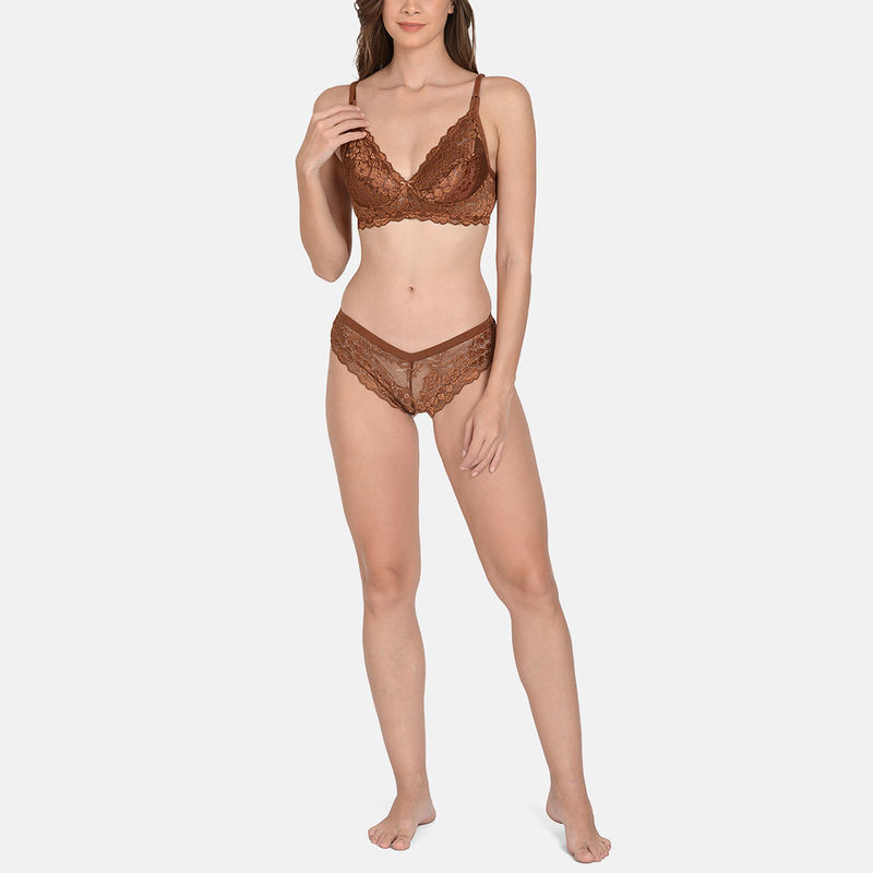 Mod & Shy Solid Soft Net Lingerie Set Brown (34B)