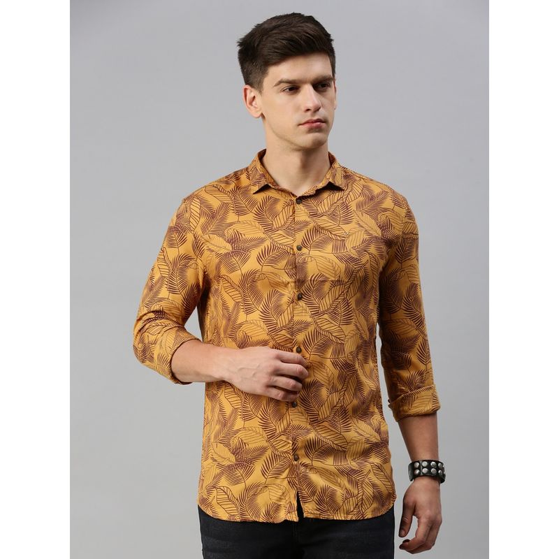 SHOWOFF Men Collar Neck Long Sleeves Printed Mustard Shirt (M)