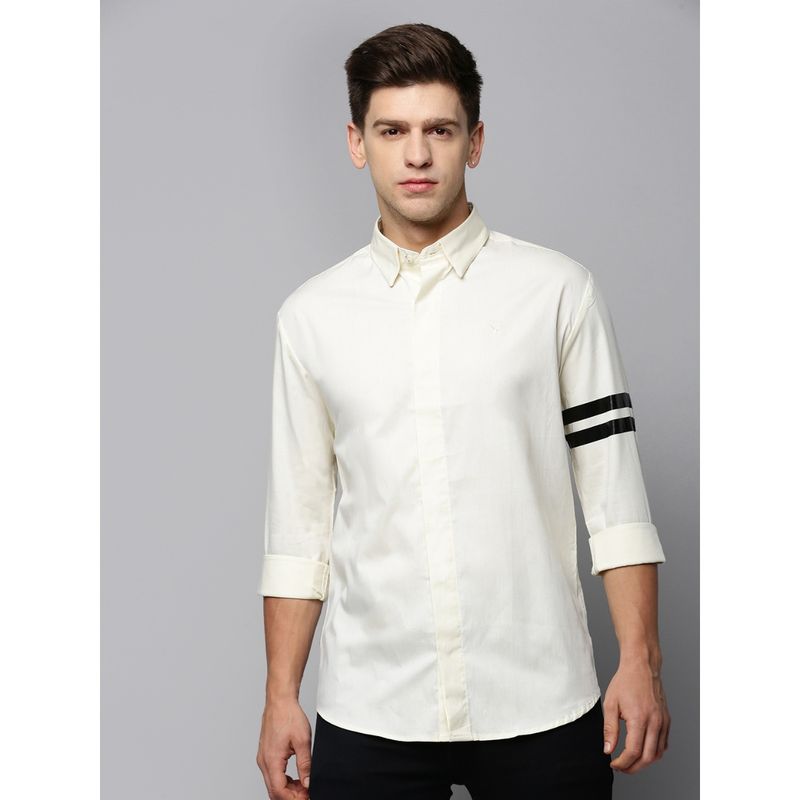 SHOWOFF Men Collar Neck Long Sleeves Solid Cream Shirt (M)