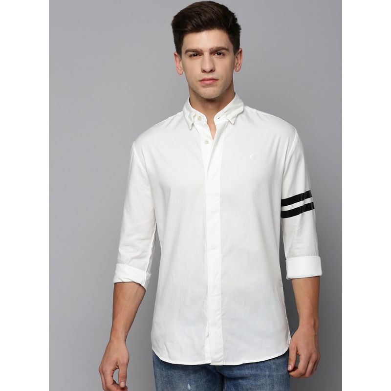 SHOWOFF Men Collar Neck Long Sleeves Solid Off White Shirt (XL)
