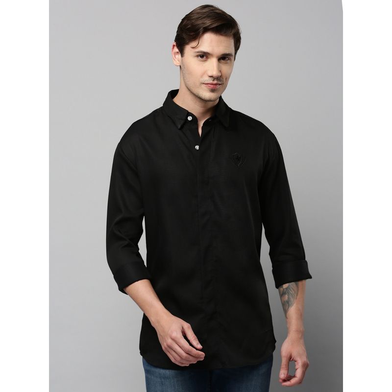 SHOWOFF Men Collar Neck Long Sleeves Solid Black Shirt (M)
