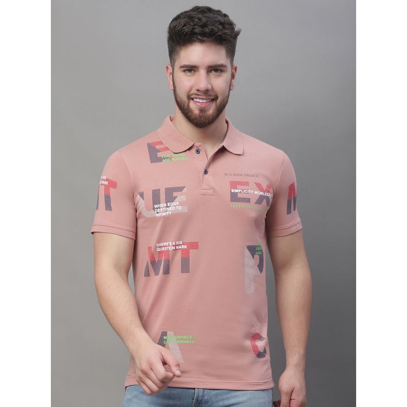 VENITIAN Mens All Over Printed Pink Polo Neck T-Shirt (M)