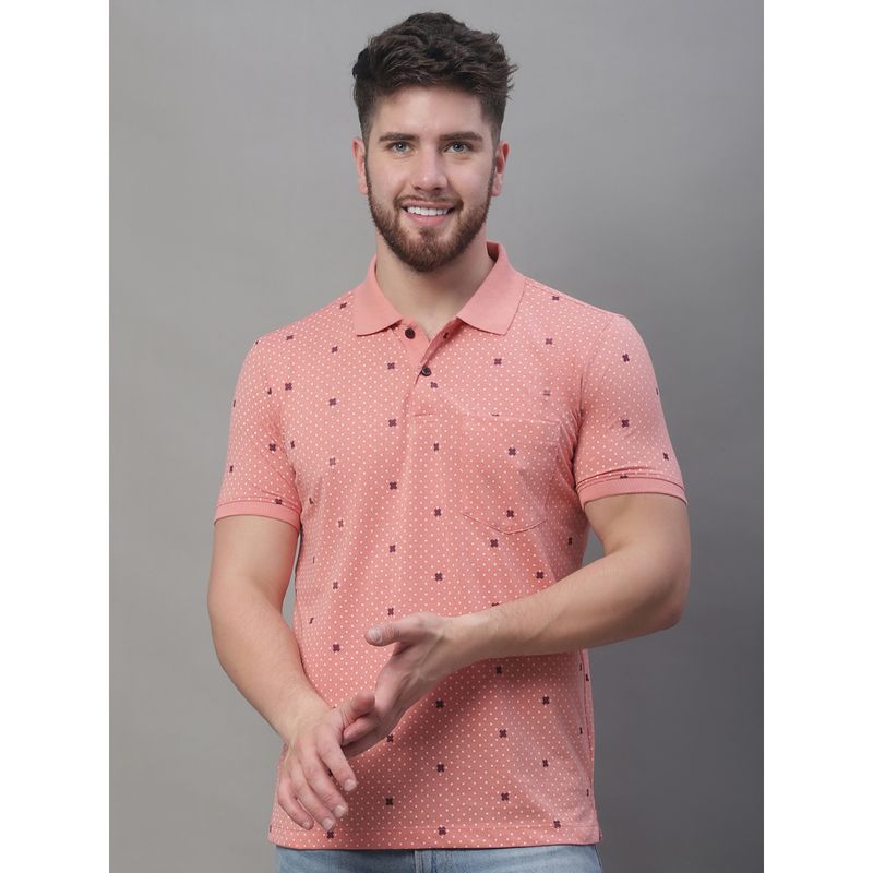 VENITIAN Mens All Over Printed Pink Polo Neck T-Shirt (S)