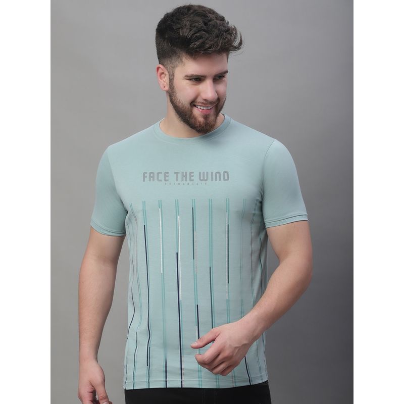 VENITIAN Mens Printed Sea Green Round Neck Cotton T-Shirt (S)