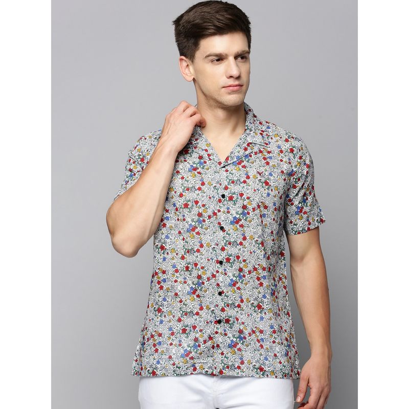 SHOWOFF Men Cuban Collar Short Sleeves Printed Multi Shirt (2XL)