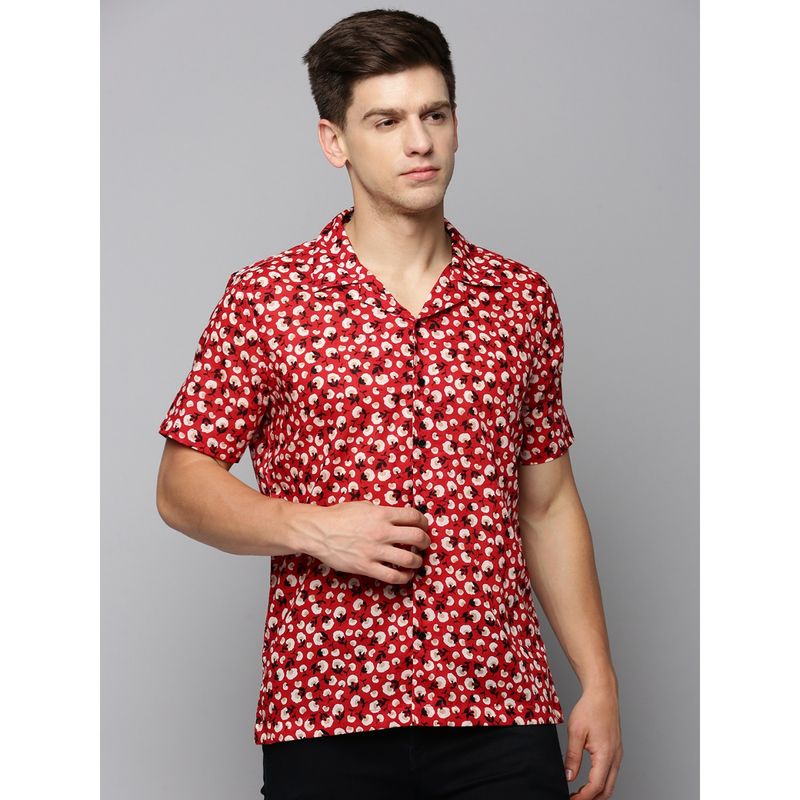 SHOWOFF Men Cuban Collar Short Sleeves Floral Red Shirt (L)