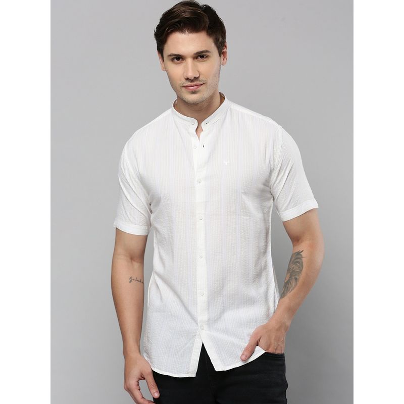 SHOWOFF Men Mandarin Neck Short Sleeves Self Design Off White Shirt (2XL)