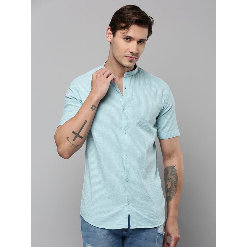 SHOWOFF Men Mandarin Neck Short Sleeves Self Design Blue Shirt (2XL)