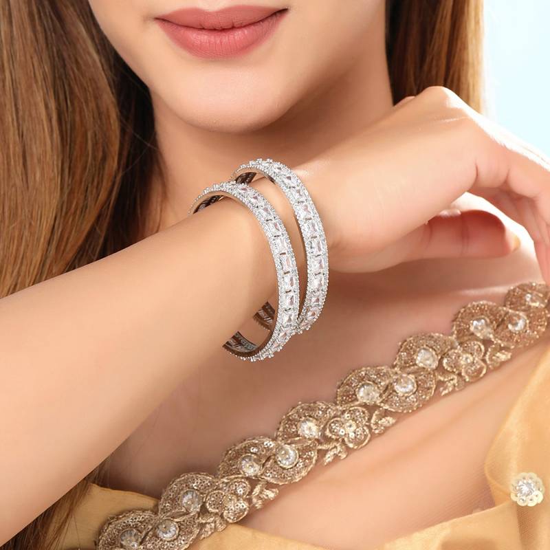 Yellow Chimes Set of 2 Silver-Plated Ad-Studded Bangles (2.8)
