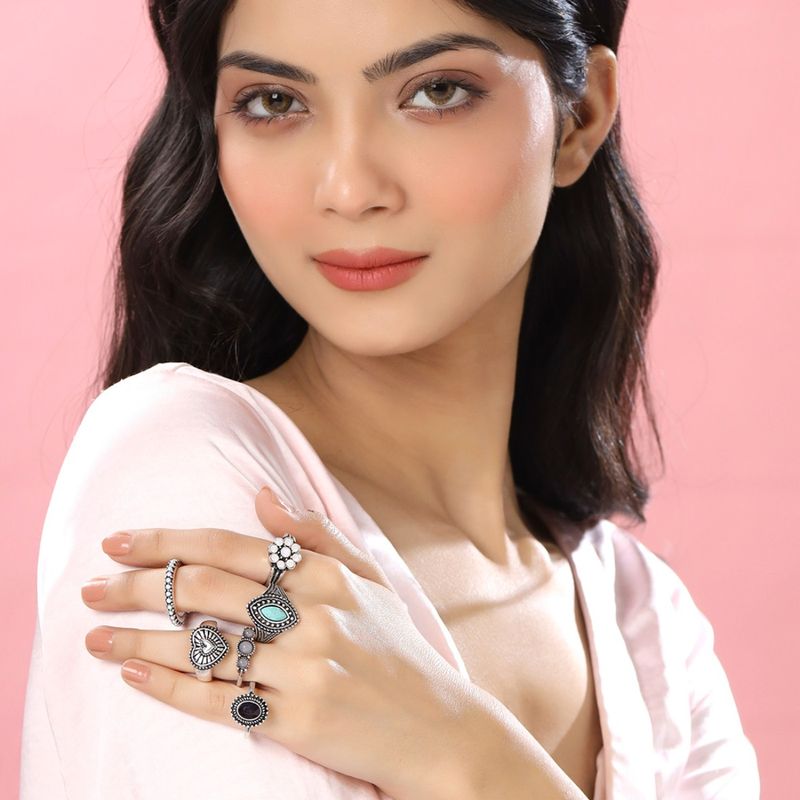 Buy Yellow Chimes Set of 6 Silver Plated Stack Finger Rings (7) Online