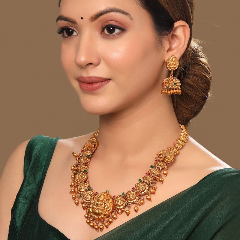 Ishin Gold Plated Goddess Pattern Temple Necklace and Drop Earrings Jewellery Set main image 0