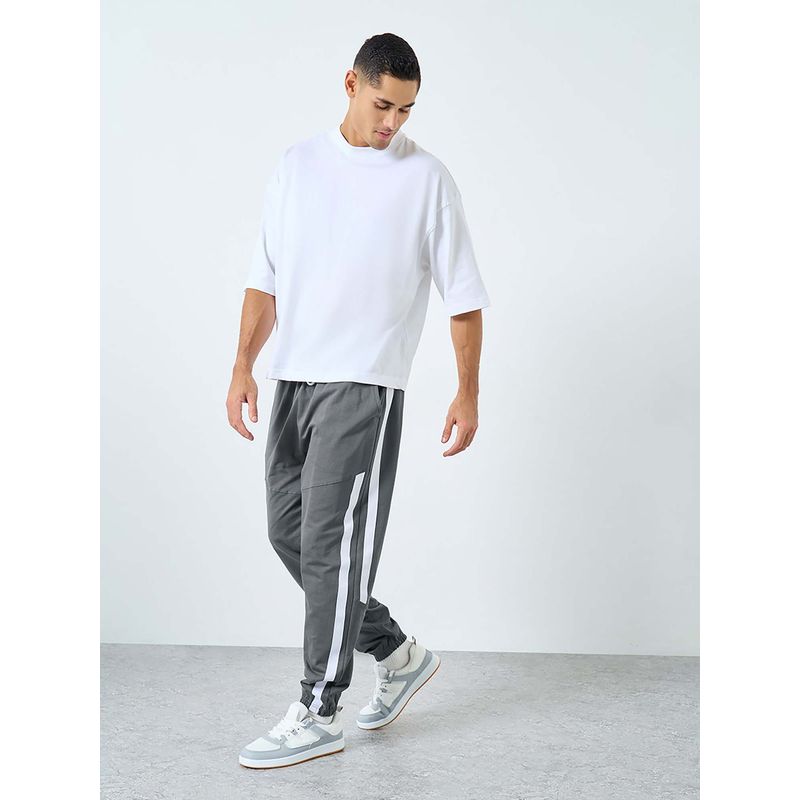 Styli Men Grey Twill Tape Stripes Oversized Joggers (M)