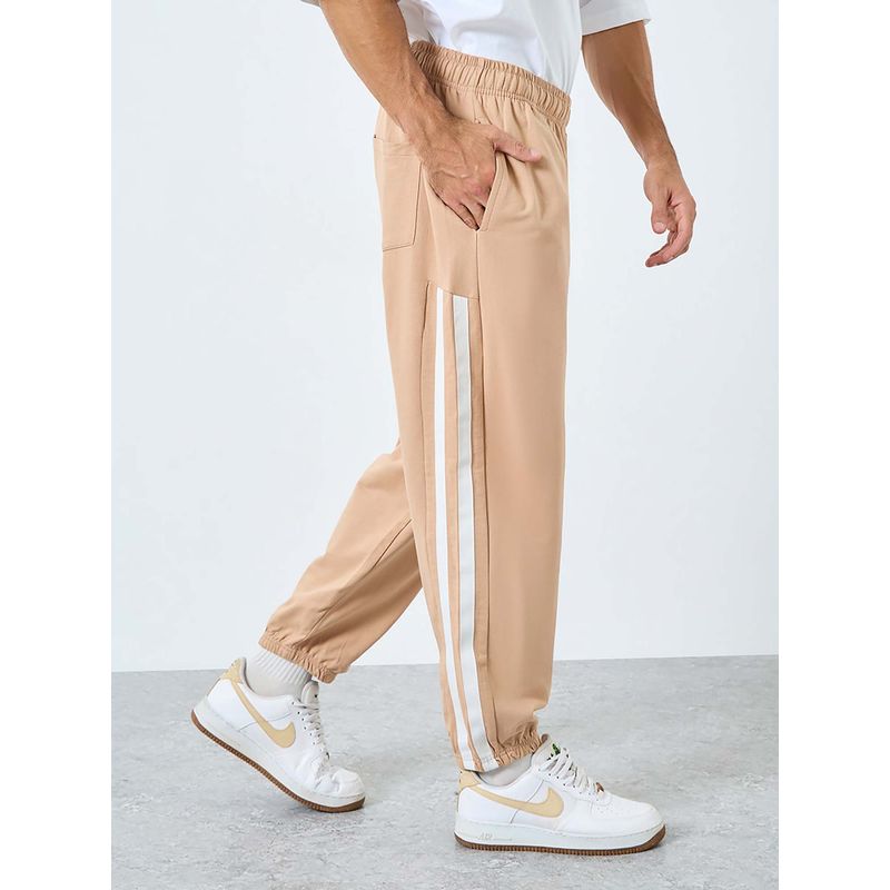 Styli Men Beige Side Contrast Stripes Relaxed Fit Terry Joggers (M)