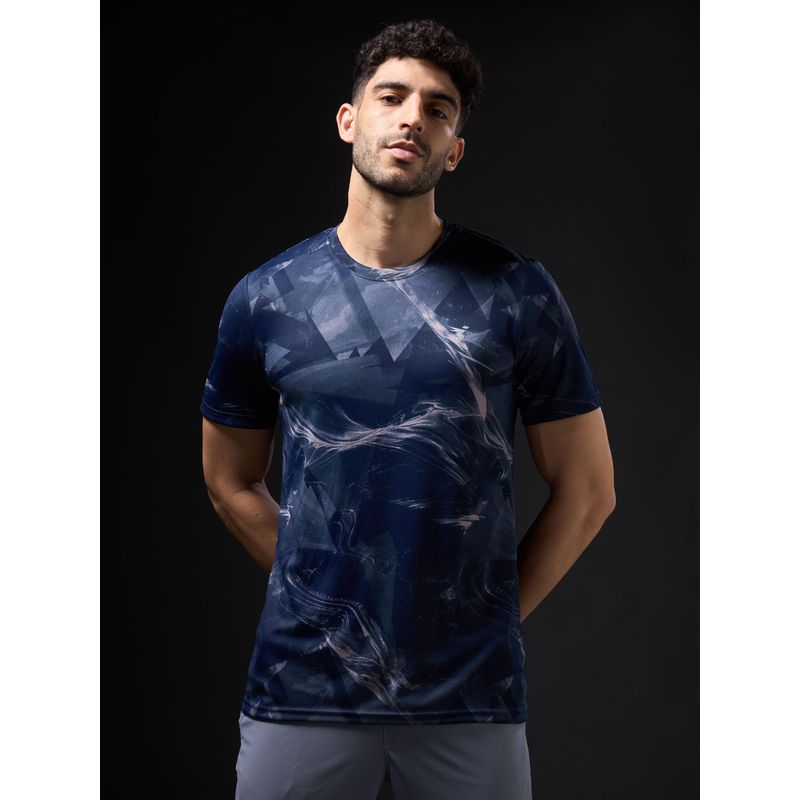 Technosport Men Navy Blue Abstract Print Slim Fit Round Neck Sports T-Shirt with Technocool+ (2XL)