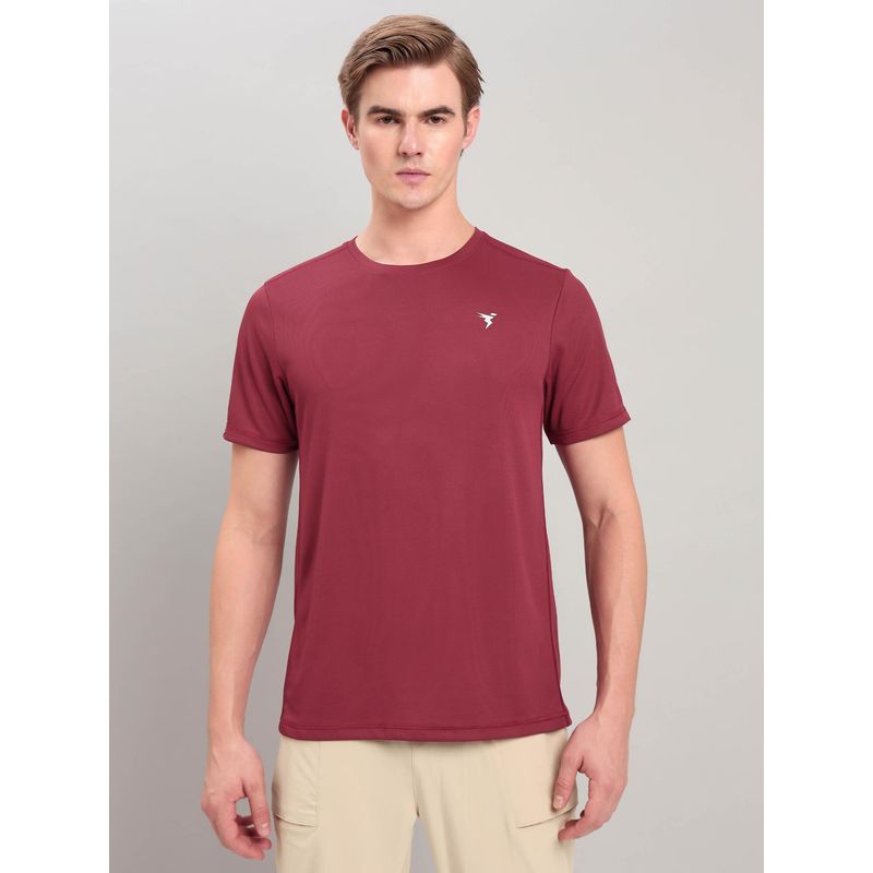 Technosport Men Burgundy Solid Slim Fit Round Neck Sports T-Shirt with Technocool+ (L)