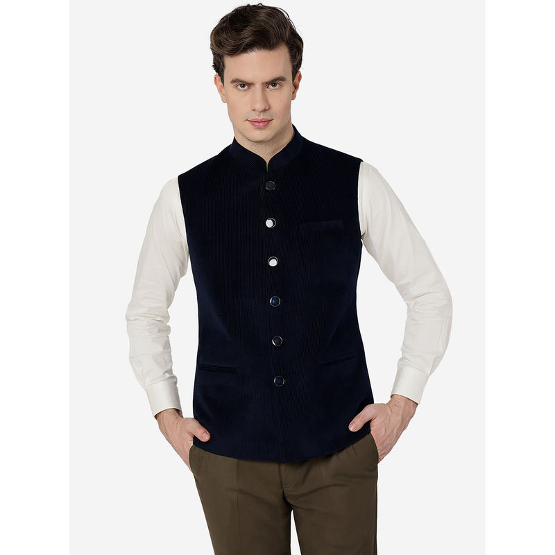 Greenfibre Men's Codroy Textured Navy Blue Regular Fit - Mandarin Neck Bandhgala (46)