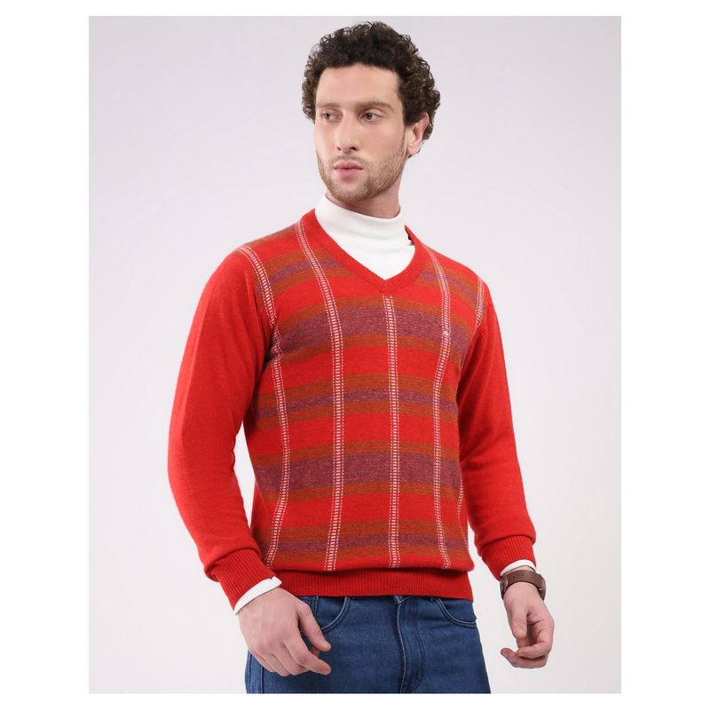 Monte Carlo Men Red V Neck Full Sleeve Pullover Sweater (L)