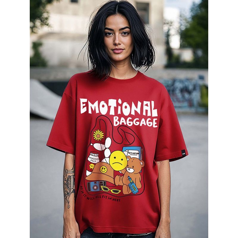 Bewakoof Women's Red Emotional Baggage Graphic Printed Oversized T-shirt (3XL)