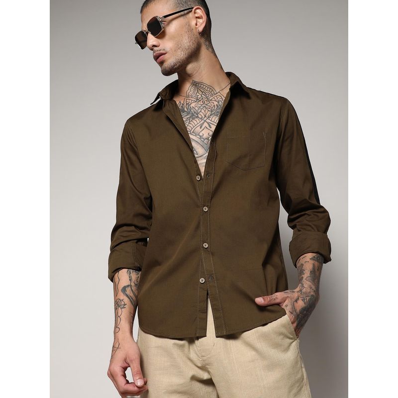 Campus Sutra Men Olive Green Side Striped Shirt (S)